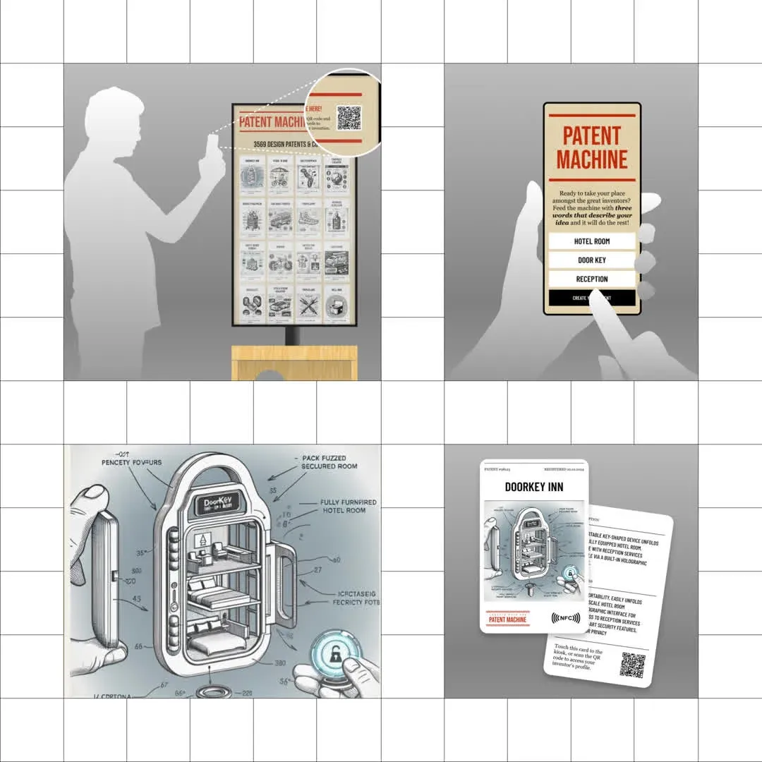 Concept overview: QR joining, three-word input, a generated drawing and a printed invention card.