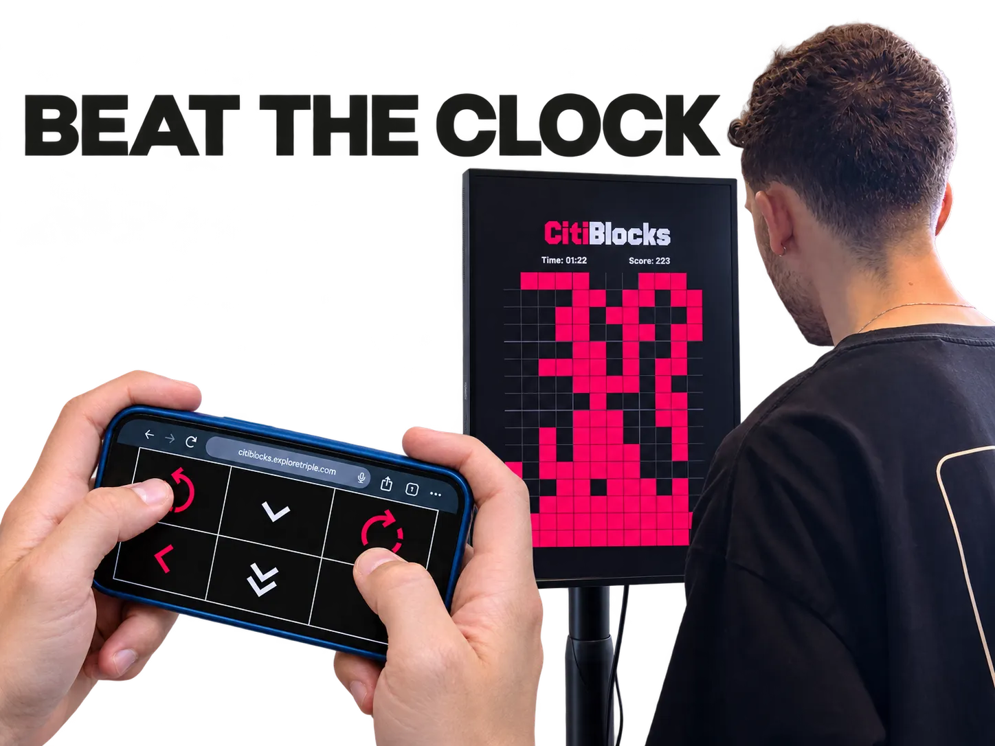 Photographic montage based on the social demo: a player concentrates on the magenta block puzzle while hands work the phone controller. Heading reads BEAT THE CLOCK.